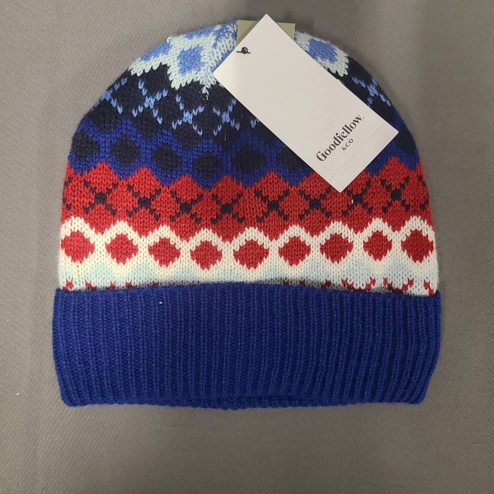 Goodfellow Fleece Lined Blue, Red and White Stocking Winter Hat Beanie Warm New